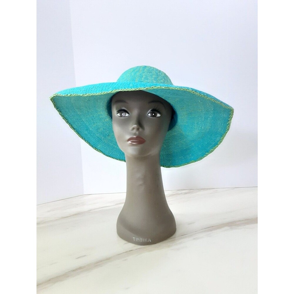 Teal | Lime Wide Brim Bow Accent Straw Sun Hat NWOT